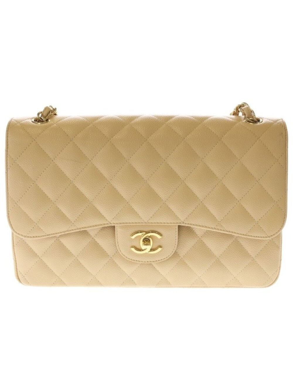 Chanel Maxi Quilted 30 Caviar Leather Double Flap Chain Shoulder Bag Gold Beige